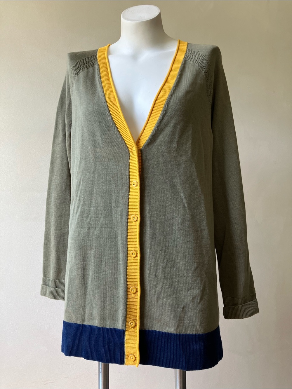 Talbots | Tipped Girlfriend Cardigan Sage Green Navy Colorblock Sweater